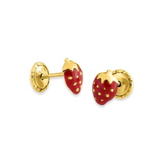 Pendientes infantiles fresas oro amarillo 9K y esmalte rojo
