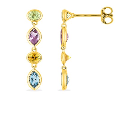 Brincos de gota em ouro de 18K, cravejados com ametista, peridoto, citrino e topázio num engaste fechado.