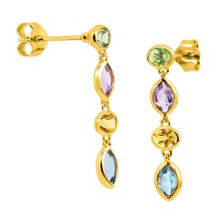 Brincos de gota em ouro de 18K, cravejados com ametista, peridoto, citrino e topázio num engaste fechado.