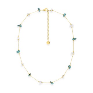 Collar de acero dorado que combina turquesa creada y ágata blanca