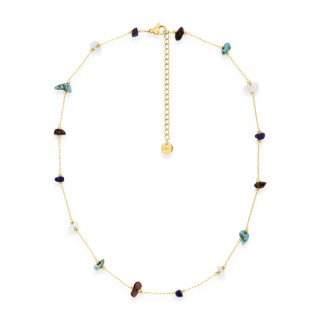 Collar de acero dorado adornado con ojo de tigre, turquesa creada, ágata blanca e imitación de cristal lapislázuli