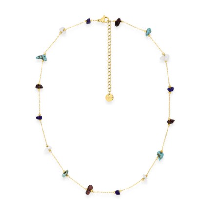 Colar em aço dourado adornado com olho de tigre, turquesa criada, ágata branca e imitação de cristal de lápis-lazúli