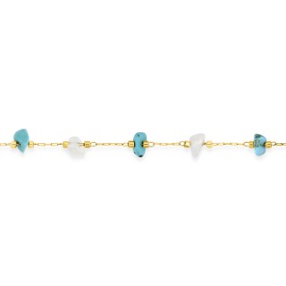 Pulseira em aço dourado adornada com turquesas criadas e ágatas brancas