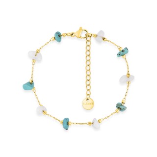 Pulsera de acero dorado adornada con turquesas creadas y ágatas blancas