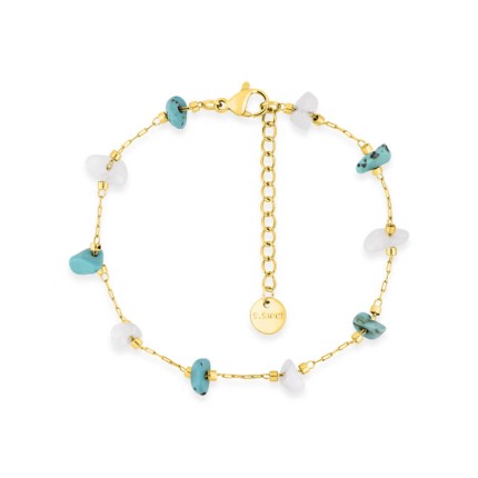 Pulsera de acero dorado adornada con turquesas creadas y ágatas blancas
