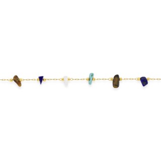 Pulsera de acero dorado adornada con ojo de tigre, turquesa creada, ágata blanca e imitación de cristal de lapislázuli