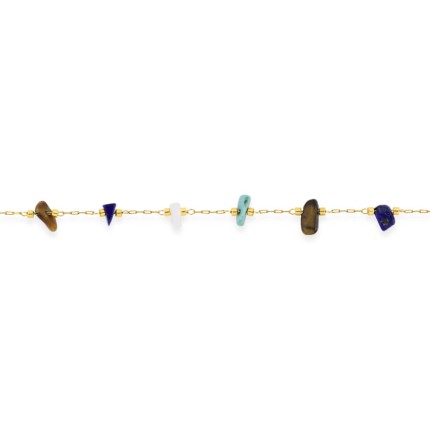 Pulsera de acero dorado adornada con ojo de tigre, turquesa creada, ágata blanca e imitación de cristal de lapislázuli