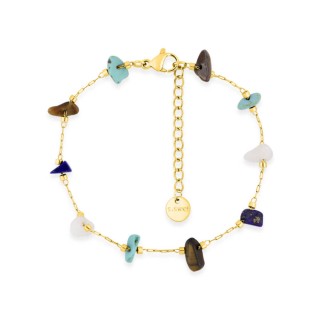 Pulseira em aço banhado a ouro adornada com olho de tigre, turquesa criada, ágata branca e imitação de cristal de lápis-lazúli
