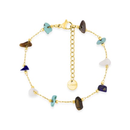 Pulseira em aço banhado a ouro adornada com olho de tigre, turquesa criada, ágata branca e imitação de cristal de lápis-lazúli