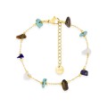 Pulseira em aço banhado a ouro adornada com olho de tigre, turquesa criada, ágata branca e imitação de cristal de lápis-lazúli