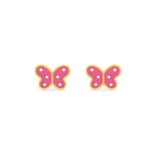 Pendientes diseño mariposa bañado en oro con esmalte rosa y blanco