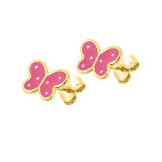 Pendientes diseño mariposa bañado en oro con esmalte rosa y blanco
