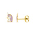 Pendientes unicornio bañado en oro y con esmalte morado y blanco