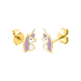Brincos de unicórnio banhados a ouro com esmalte roxo e branco