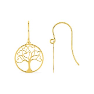 Pendientes de gancho arbol de la vida corazones calados en oro de 9K