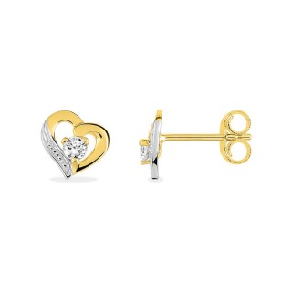 Pendientes corazón en oro 9K bicolor con circonitas
