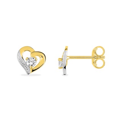 Pendientes corazón en oro 9K bicolor con circonitas