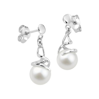 Brincos compridos em ouro branco de 9K e pérola de 6 mm.