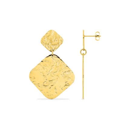 Brincos compridos em aço banhado a ouro com design de losangos martelados
