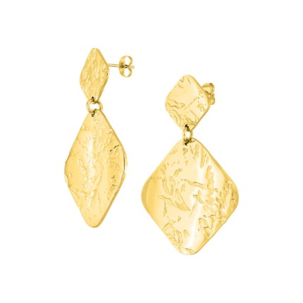 Brincos compridos em aço banhado a ouro com design de losangos martelados