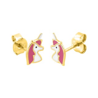 Pendientes infantiles unicornio oro amarillo 18K y esmalte rosa y blanco