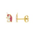 Pendientes infantiles unicornio oro amarillo 18K y esmalte rosa y blanco