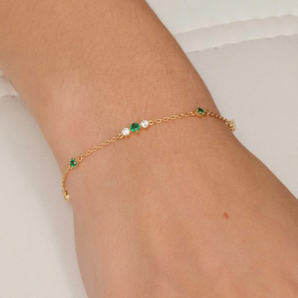 Pulseira banhada a ouro adornada com zircónias verdes e brancas