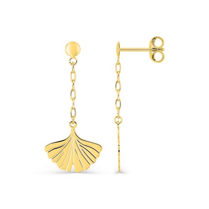 Brincos com pingente de folha de ginkgo em ouro amarelo 9K