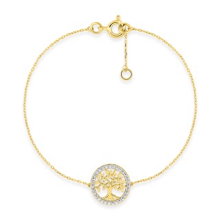 Pulsera oro amarillo 9K y rodio con ficha del árbol de la vida y circonitas
