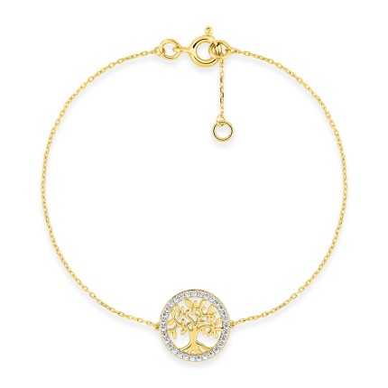 Pulseira em ouro amarelo 9K e ródio, símbolo da árvore da vida e zircónia