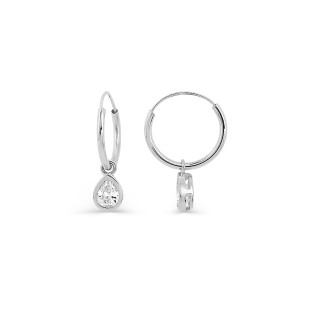 Brincos de argola em ouro branco 9K com pingentes em formato de gota e zircónia