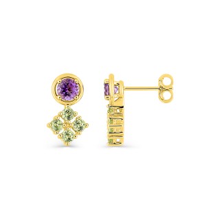 Pendientes oro 9K amarillo con amatista y peridoto