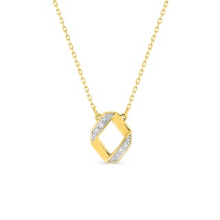 Colar fantasia em formato de losango bicolor em ouro amarelo 9K e ródio com diamantes de 0,01 ct