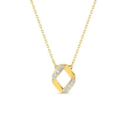 Colar fantasia em formato de losango bicolor em ouro amarelo 9K e ródio com diamantes de 0,01 ct