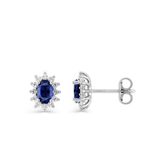 Pendientes de botón solitario acompañado en plata de ley rodiada con circonitas blancas y azules, óvalos 6x4 mm