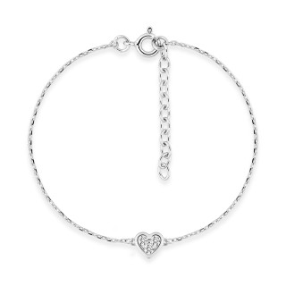 Pulsera de plata de ley rodiada con colgante en forma de corazón y circonitas blancas y redondas