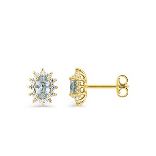 Pendientes de botón solitario acompañado, bañados en oro, con circonitas blancas y un azul cielo, ovalada de 6 x 4 mm