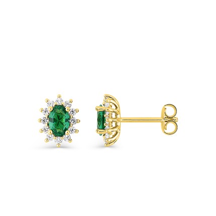 Brincos banhados a ouro com zircónia verde oval e contorno de zircónias brancas