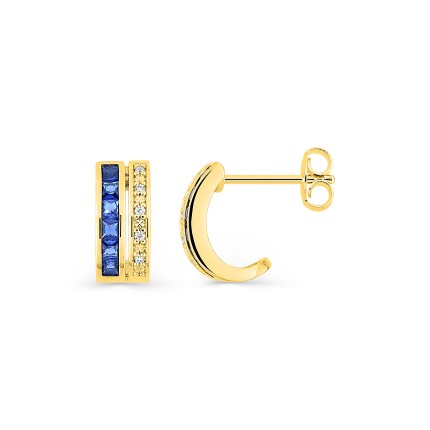 Pendientes aros pequeños bañados en oro 9 mm con circonitas azules y blancas