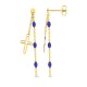 Brincos pendentes banhados a ouro com 2 correntes decoradas com uma cruz e contas de resina azul