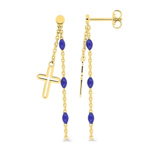 Brincos pendentes banhados a ouro com 2 correntes decoradas com uma cruz e contas de resina azul