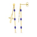 Brincos pendentes banhados a ouro com 2 correntes decoradas com uma cruz e contas de resina azul