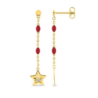 Brincos corrente 27mm com estrela banhado a ouro com contas resina vermelha