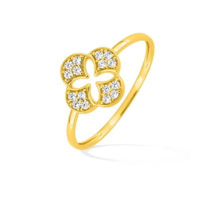 Anillo trébol estilizado en oro amarillo 18K con circonitas