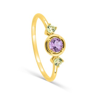 Anillo solitario de oro amarillo 18K con amatista y peridotos