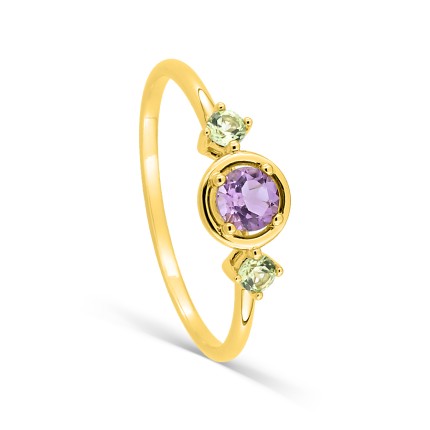 Anel solitario acompanhado  ouro 18K amarelo com ametista e peridotos