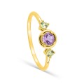 Anel solitario acompanhado  ouro 18K amarelo com ametista e peridotos