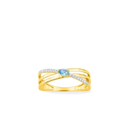 Anillo tres hebras de oro amarillo 18K y rodio con topacio azul tratado y circonitas