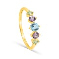 Anillo de oro amarillo 9K con topacio azul tratado, amatistas y peridotos
