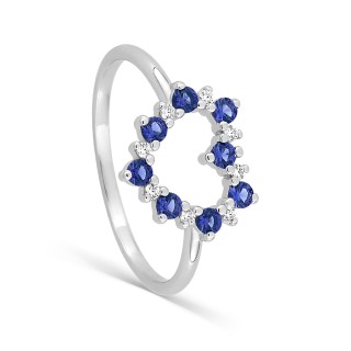 Anillo corazón de plata de ley rodiada con circonitas blancas y azules